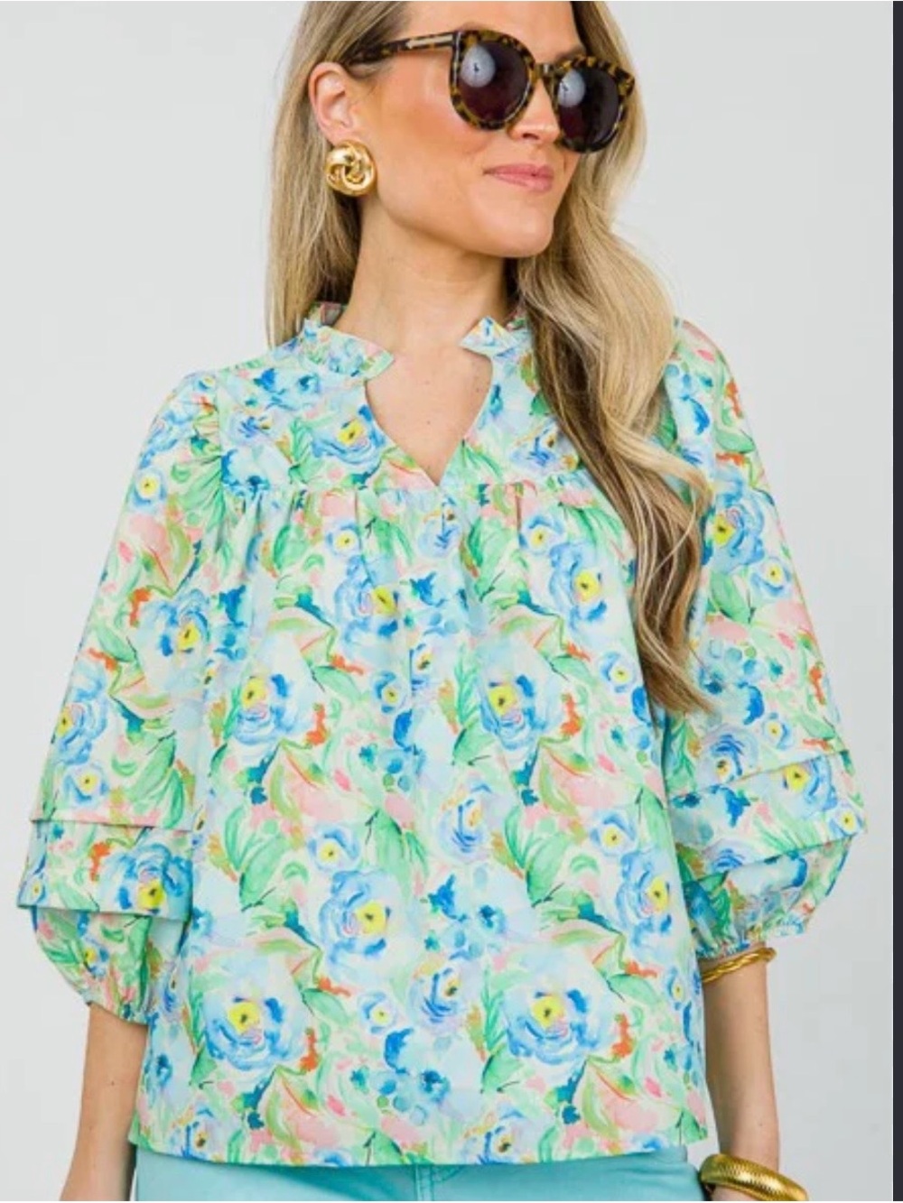 TCEC Pastel Multi Floral Puff-Sleeve Blouse - Aqua Blue & Soft Pink